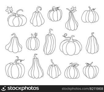 Pumpkin icons big set of simple line drawings. Vector illustration of pumpkin for Halloween or harvest, badges for labels, packaging,