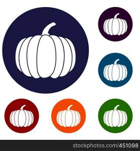 Pumpkin icons set in flat circle reb, blue and green color for web. Pumpkin icons set