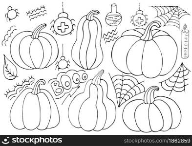 Pumpkin icons set in hand draw style. Collection of vector illustrations for Halloween design. Halloween elements, cartoon style. Sign, sticker, Coloring. Collection of vector illustrations for Halloween design. Sign, sticker, pin