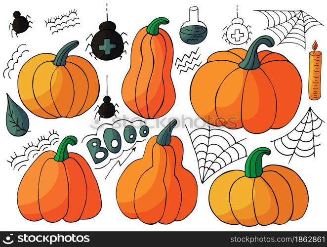 Pumpkin icons set in hand draw style. Collection of vector illustrations for Halloween design. Halloween elements, cartoon style. Sign, sticker, pin. Halloween design. Halloween elements, cartoon style