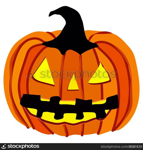 Pumpkin in cartoon style with glowing eyes and mouth for Halloween isolated on white background. Vector design element.. Pumpkin in cartoon style with glowing eyes and mouth for Halloween isolated on white background. Design element.