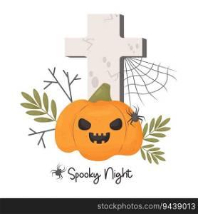 Pumpkin Jack with grave cross with cobwebs and spider. Halloween card Spooky Night. Vector illustration with cartoon style for holiday design, postcards