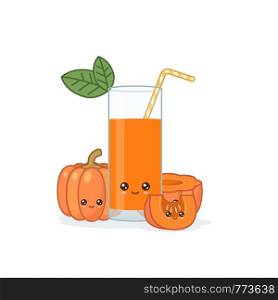 pumpkin juice. Cute kawai smiling cartoon juice with slices in a glass with juice straw.