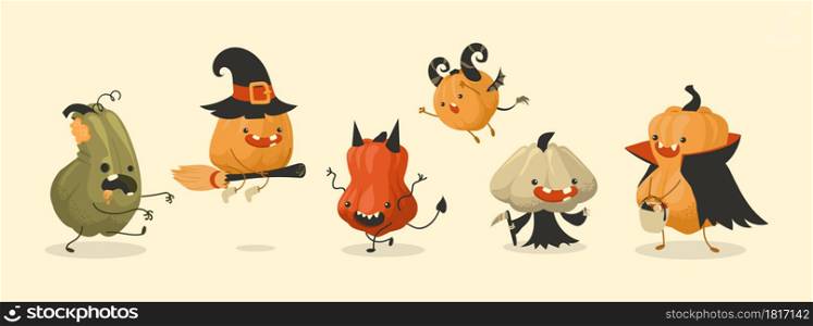 Pumpkin monsters. Cartoon cute autumn Halloween holiday food mascots set. Scary squashes with funny faces. Isolated spooky gourds in festival costumes. Vector fearful October characters collection. Pumpkin monsters. Cartoon autumn Halloween holiday food mascots set. Scary squashes with funny faces. Isolated spooky gourds in festival costumes. Vector fearful October characters