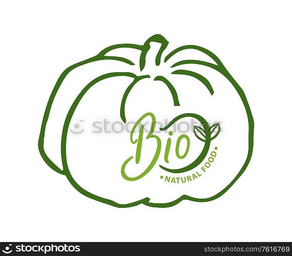 Pumpkin organic ingredients and food vector, bio meal fresh veggie, natural vegetable ecologically clean plant and production. Sketch with inscription. Bio Food Organic Ingredients, Pumpkin Veggie Logo
