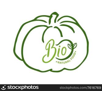 Pumpkin organic ingredients and food vector, bio meal fresh veggie, natural vegetable ecologically clean plant and production. Sketch with inscription. Bio Food Organic Ingredients, Pumpkin Veggie Logo
