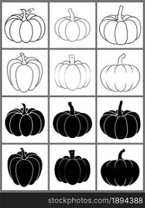 Pumpkin outline and silhouette icon set for autumn. Halloween contour and black shape vegetable design. Vector illustration isolated on white background.