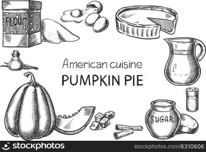 Pumpkin Pie. Creative conceptual vector. Sketch hand drawn American food recipe illustration, engraving, ink, line art, vector.