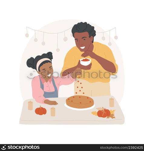 Pumpkin pie isolated cartoon vector illustration. Happy father and smiling daughter cooking pumpkin pie together, Thanksgiving Day dessert, traditional food, public holiday vector cartoon.. Pumpkin pie isolated cartoon vector illustration.