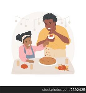 Pumpkin pie isolated cartoon vector illustration. Happy father and smiling daughter cooking pumpkin pie together, Thanksgiving Day dessert, traditional food, public holiday vector cartoon.. Pumpkin pie isolated cartoon vector illustration.