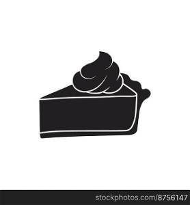 Pumpkin pie slice of cheesecake decorated with whipped cream. Silhouette icon of traditional Thanksgiving treat. Black illustration of dessert with filling. Flat pictogram. Vector illustration.