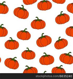 Pumpkin seamless pattern. Big orange pumpkin with green stem flat vector on white background. Ripe vegetable cartoon illustration for wrapping paper, prints on fabric, greeting cards design