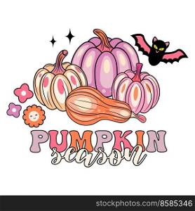 Pumpkin Season Vibes Sublimation. Halloween retro t-shirt design pink and orange colors with bat.. Pumpkin Season Vibes Sublimation. Halloween retro t-shirt design pink and orange colors with bat
