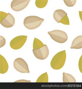 Pumpkin seeds seamless pattern vector in flat design. Traditional snack. Healthy food. Ornament for wallpapers, polygraphy, textiles, web page design, surface textures. Isolated on white background.. Pumpkin Seeds Seamless Pattern Vector in Flat Design.. Pumpkin Seeds Seamless Pattern Vector in Flat Design.