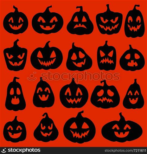 Pumpkin silhouettes. Halloween pumpkins emoticon characters. Happy, sad and angry funny sinister spooky faces vector holiday carved lantern stickers. Pumpkin silhouettes. Halloween pumpkins emoticon characters. Happy, sad and angry funny sinister spooky faces vector stickers