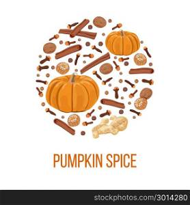 Pumpkin spice on bauble shape. Thanksgiving. Thanksgiving card. Pumpkin spice on bauble shape. Pumpkin, nutmeg, ginger, cloves, cinnamon, allspice. For wrapping, textile cafe design decoration packing wrapping Postcard background Vector