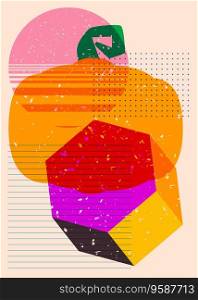Pumpkin with colorful geometric shapes. Abstract holiday, harvest trendy riso graph design. Geometry elements abstract risograph print texture style.