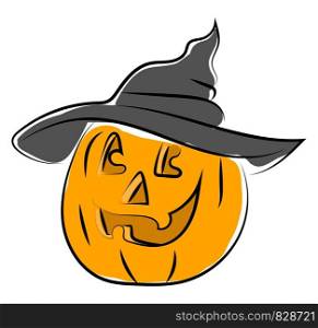 Pumpkin with halloween hat, illustration, vector on white background.