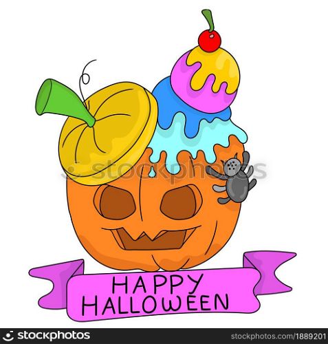 pumpkin with ice cream garnish. cartoon illustration sticker emoticon