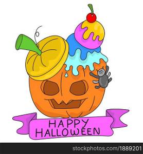 pumpkin with ice cream garnish. cartoon illustration sticker emoticon