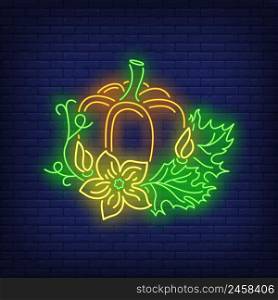 Pumpkin with leaves neon sign. Halloween party, autumn design. Night bright neon sign, colorful billboard, light banner. Vector illustration in neon style.