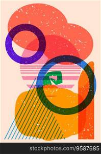 Pumpkin with speech bubble and colorful geometric shapes in trendy riso graph design. Geometry elements abstract risograph print texture style.