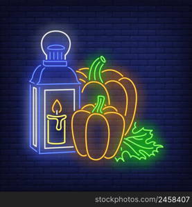 Pumpkins and lantern with candle neon sign. Halloween party, autumn design. Night bright neon sign, colorful billboard, light banner. Vector illustration in neon style.