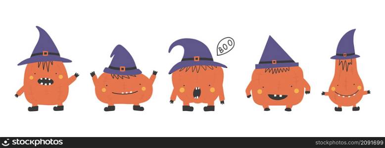 Pumpkins collection cartoon pumpkin monster. Happy halloween print. Funny and happy pumpkins set character. Vegetables vector illustration. Pumpkins collection cute cartoon pumpkin monster Happy halloween print