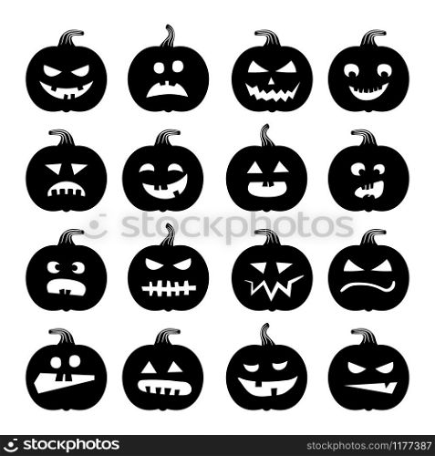 Pumpkins icons. Vector black halloween pumpkin silhouette set isolated on white background. Pumpkins icons. Vector halloween pumpkin silhouette set isolated on white