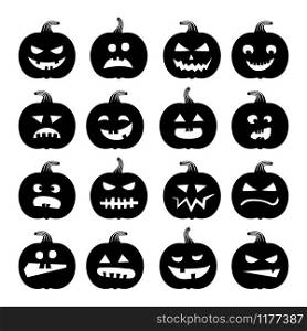 Pumpkins icons. Vector black halloween pumpkin silhouette set isolated on white background. Pumpkins icons. Vector halloween pumpkin silhouette set isolated on white