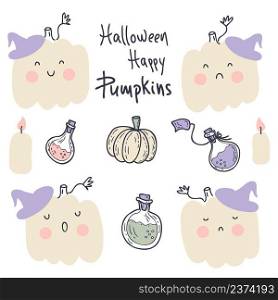Pumpkins in witch hats Halloween doodle collection. Perfect for poster, textile and prints. Hand drawn vector illustration for decor and design.