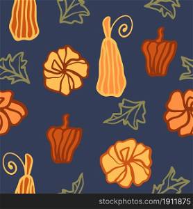 Pumpkins on a dark night background seamless pattern. Autumn pumpkins of different shapes and colors. Autumn harvest template. Background for wallpaper, fabric and fall packaging.. Pumpkins on a dark night background seamless pattern.