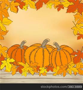 Pumpkins on wooden background with leaves. Autumn background. Mesh background. Vector.