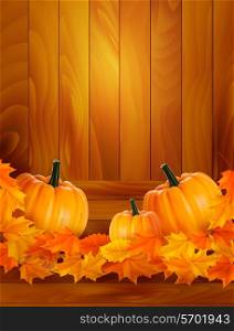 Pumpkins on wooden background with leaves Autumn background Vector