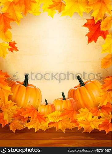 Pumpkins on wooden background with leaves. Autumn background. Vector.