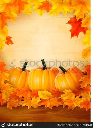 Pumpkins on wooden background with leaves. Autumn background. Vector.