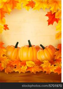 Pumpkins on wooden background with leaves. Autumn background. Vector.