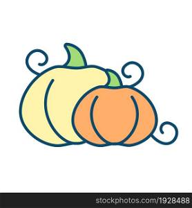 Pumpkins RGB color icon. Nutritious orange vegetable. Ripe pumpkin for carving and Halloween design. Weight-loss-friendly food. Harvest symbol. Isolated vector illustration. Simple filled line drawing. Pumpkins RGB color icon
