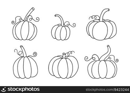 Pumpkins set icons. Isolated hand drawn doodle coloring. Line vector illustration
