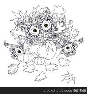 Pumpkins with flowers, maple and oak leaves, owl monochrome typography banner, postcard stock design element stock vector illustration for web, for print
