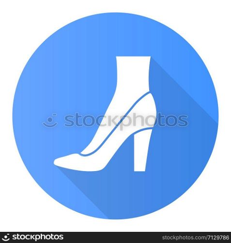 Pumps blue flat design long shadow glyph icon. Woman stylish formal footwear design. Female casual stacked high heels, luxury modern court shoes. Fashionable accessory. Vector silhouette illustration