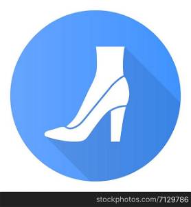 Pumps blue flat design long shadow glyph icon. Woman stylish formal footwear design. Female casual stacked high heels, luxury modern court shoes. Fashionable accessory. Vector silhouette illustration