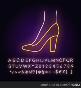 Pumps neon light icon. Woman stylish formal footwear design. Female casual stacked high heels, modern court shoes. Glowing sign with alphabet, numbers and symbols. Vector isolated illustration