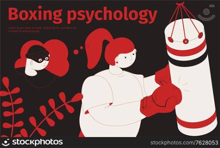 Punching bag boxing psychology isometric background with woman kicking bag thinking of robber with editable text vector illustration