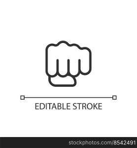 Punching fist pixel perfect linear icon. Hand gesture. Fighting action. Threat and fight. Thin line illustration. Contour symbol. Vector outline drawing. Editable stroke. Arial font used. Punching fist pixel perfect linear icon