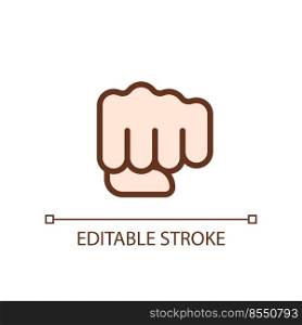 Punching fist pixel perfect RGB color icon. Hand gesture. Fighting action. Threat and fight. Isolated vector illustration. Simple filled line drawing. Editable stroke. Arial font used. Punching fist pixel perfect RGB color icon