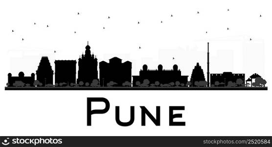 Pune skyline black and white silhouette. Vector illustration. Simple flat concept for tourism presentation, banner, placard or web site. Cityscape with famous landmarks