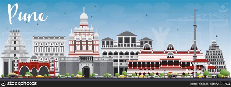 Pune Skyline with Color Buildings and Blue Sky. Vector Illustration. Business Travel and Tourism Concept with Historic Buildings. Image for Presentation Banner Placard and Web Site.