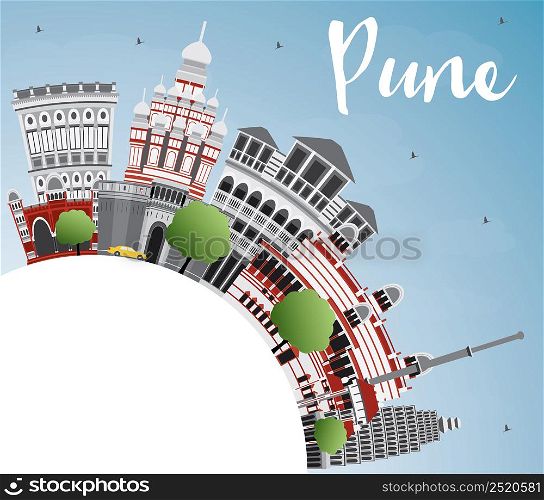 Pune Skyline with Color Buildings, Blue Sky and Copy Space. Vector Illustration. Business Travel and Tourism Concept with Historic Buildings.