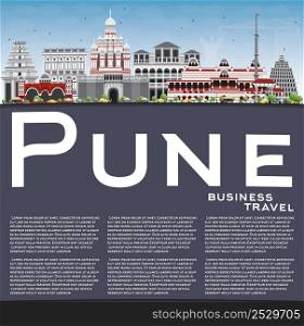 Pune Skyline with Color Buildings, Blue Sky and Copy Space. Vector Illustration. Business Travel and Tourism Concept with Historic Buildings. Image for Presentation Banner Placard and Web Site.